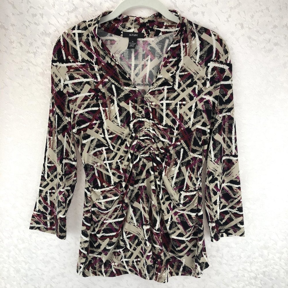 Alfani Tan and Maroon Polyester Spandex Pullover V-Neck Long Sleeve Top